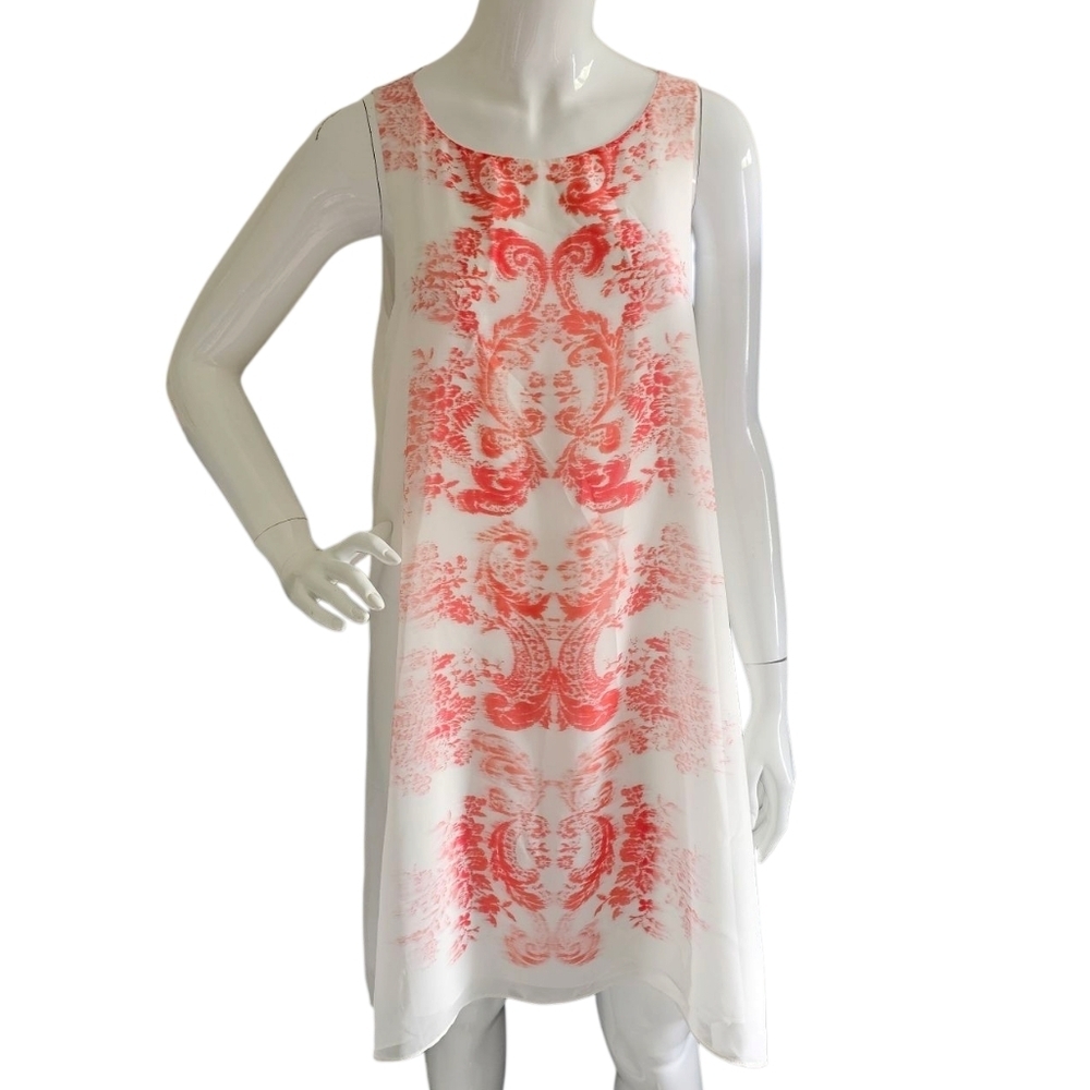 MAX STUDIO Mid Length Sheer Abstract Print White & Red Sleeveless Dress Size Med